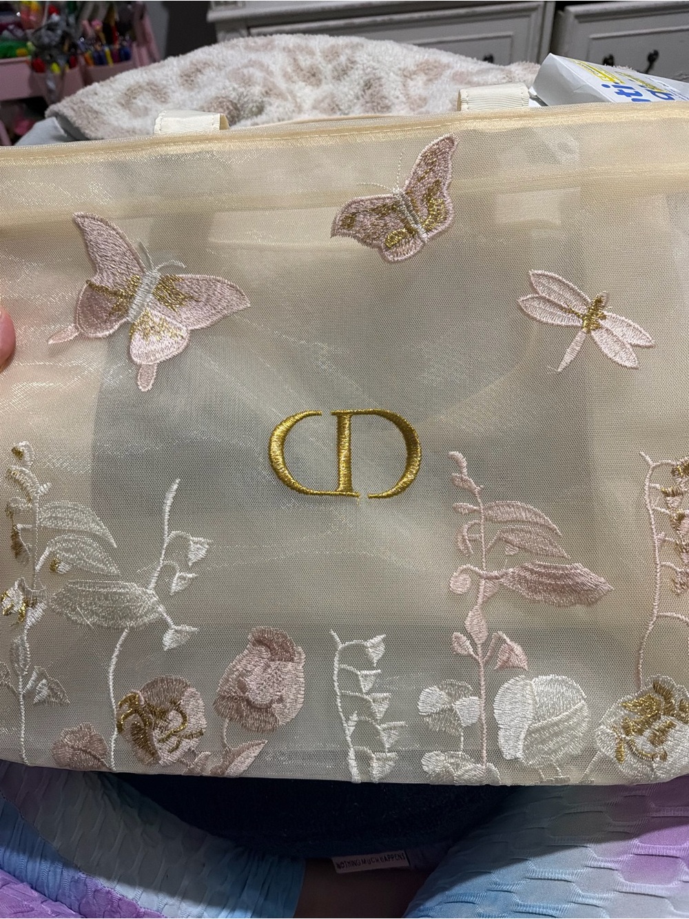 Dior Beauty Luxury Embroidered Butterfly Tote Bag in Pale Pink and Gold